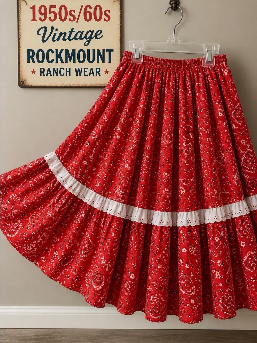 Vintage 1950s/60s Rockmount Ranch Wear Red Bandana Tiered Skirt - XL